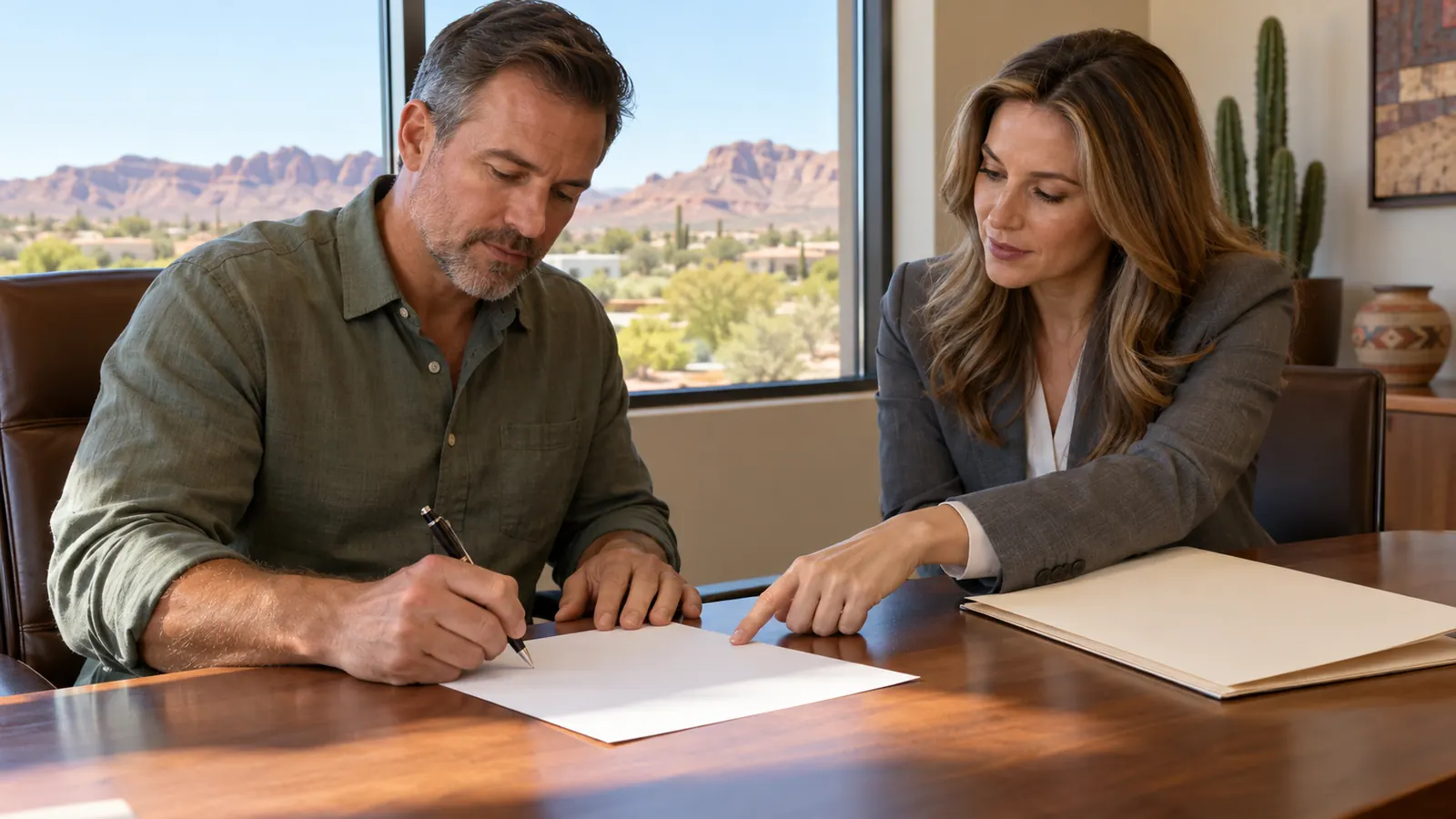 An owner signs a state filing form at a desk while an attorney in a gray suit points to a signature line, a folder of closing documents beside them