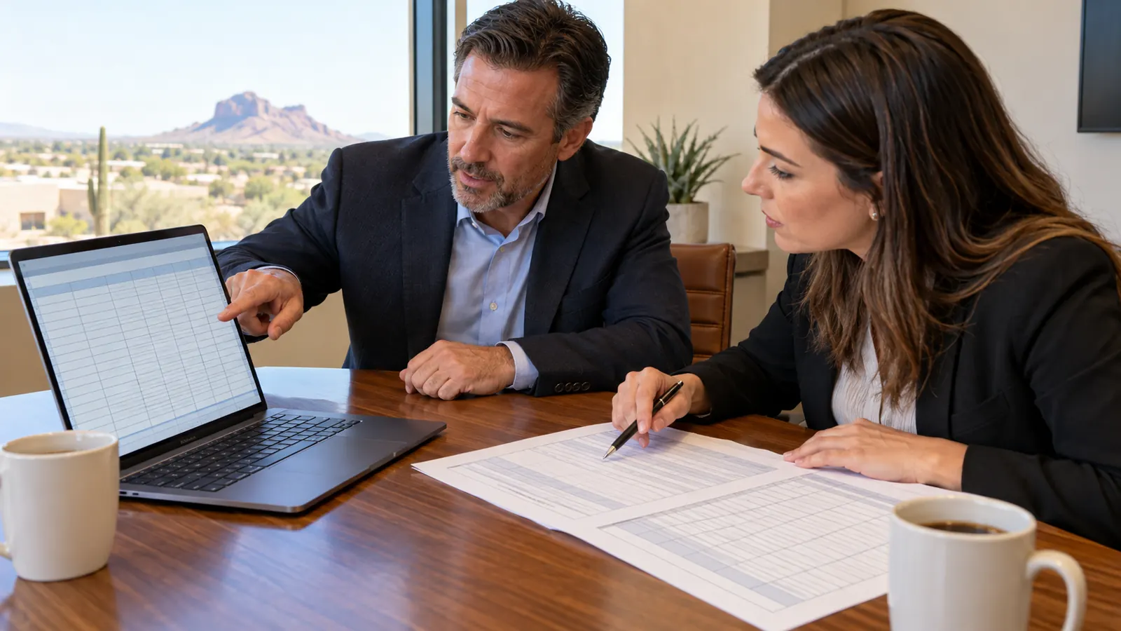 A seller and a buyer's accountant compare columns on a laptop spreadsheet and a printed tax return at a conference table with coffee cups