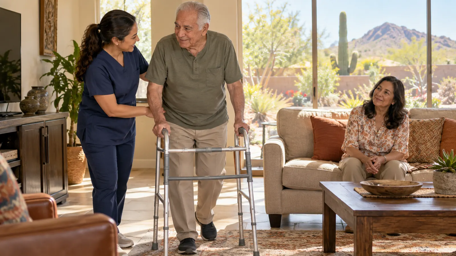 A caregiver in scrubs helps an older man with a walker in a bright living room while a family member watches from the sofa