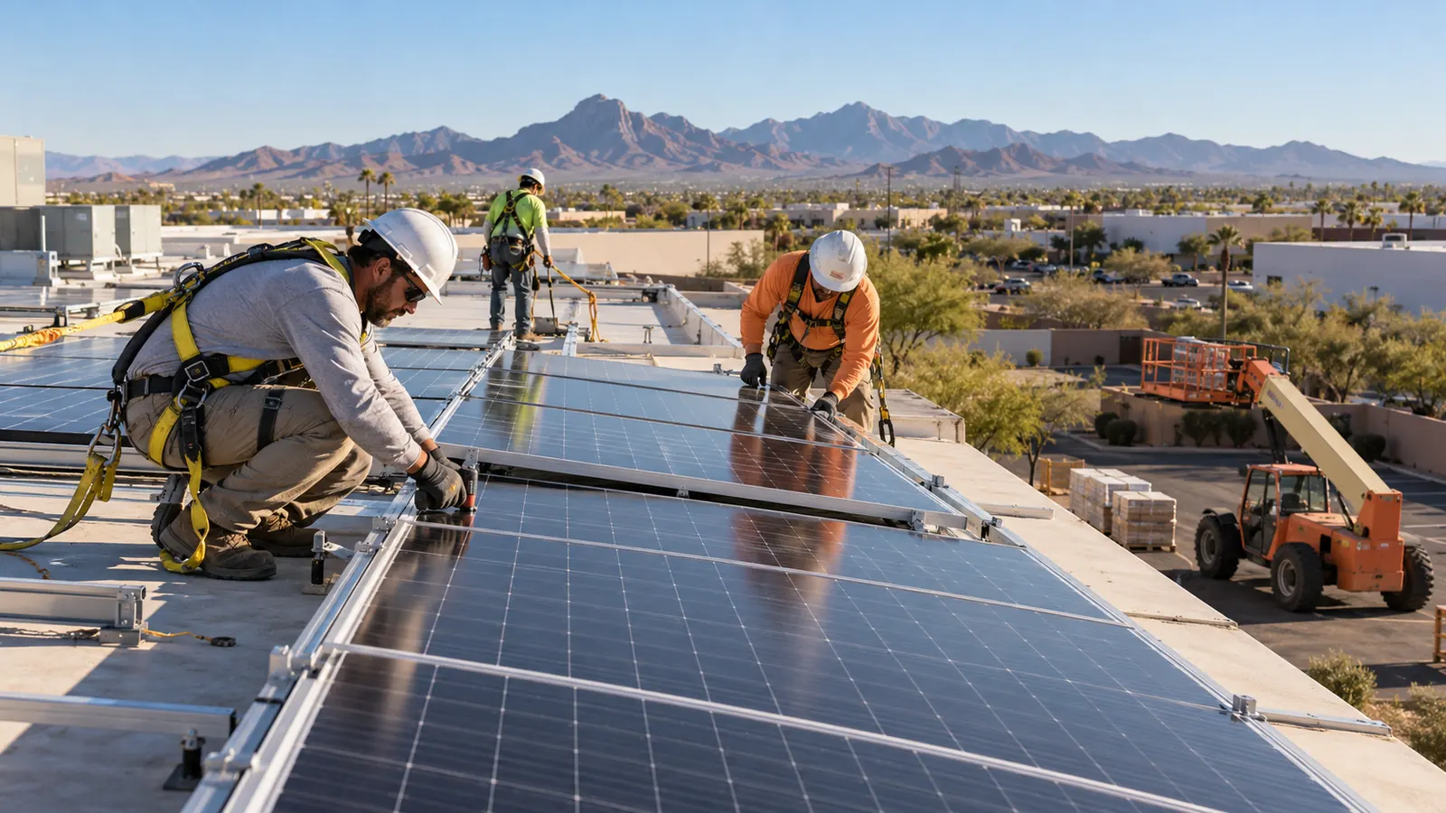 Installers in harnesses mount solar panels on a flat commercial roof with mountains in the distance and a lift parked below