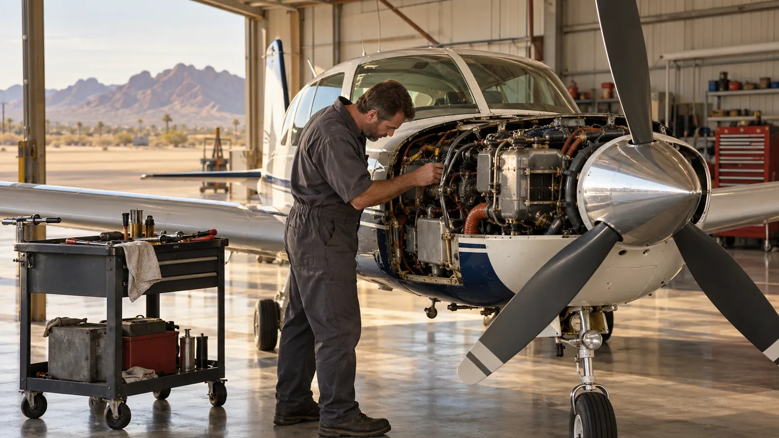An aircraft mechanic in coveralls inspects the engine of a small propeller plane inside a hangar with tools on a rolling cart